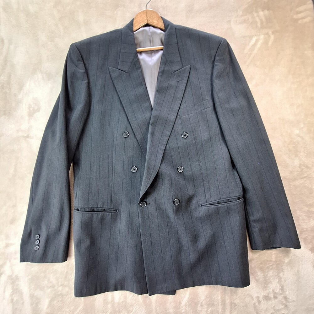 Tallia Uomo Suit Jacket Mens 46 Gray Wool Stripe Ventless Double Breasted Formal